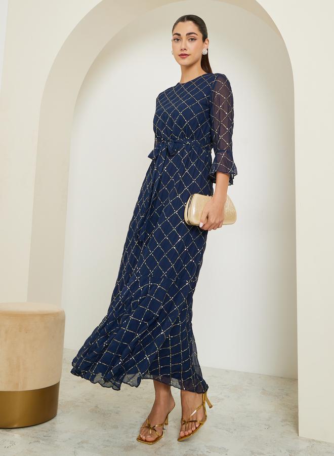 ستايلي فستان طويل مزين بالترتر بأكمام 3/4 - Image 1